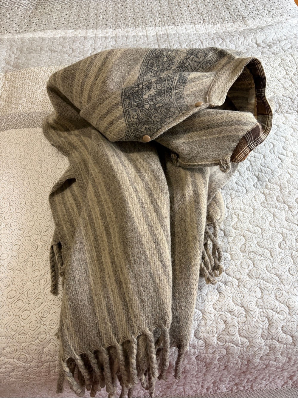 100% wool Made in Mexico Neutral Striped Wool Fringe walking cape